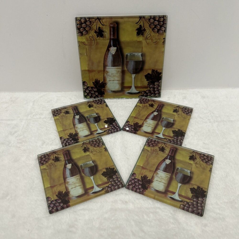 Vintage Bundle Of Ceramic Square Coasters Wine Glass Grapes Leaf Set of 5